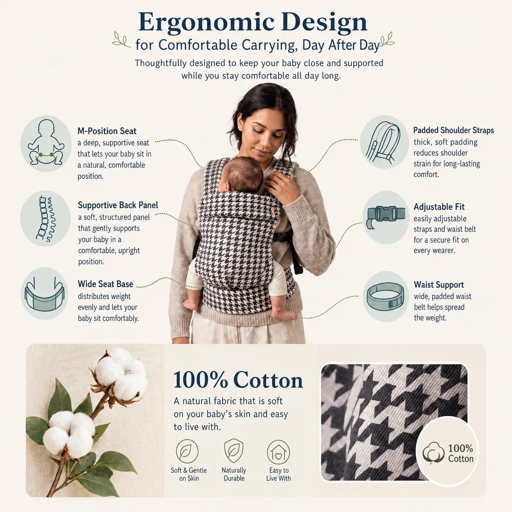 Guide to the ergonomic carrier design and 100% cotton fabric